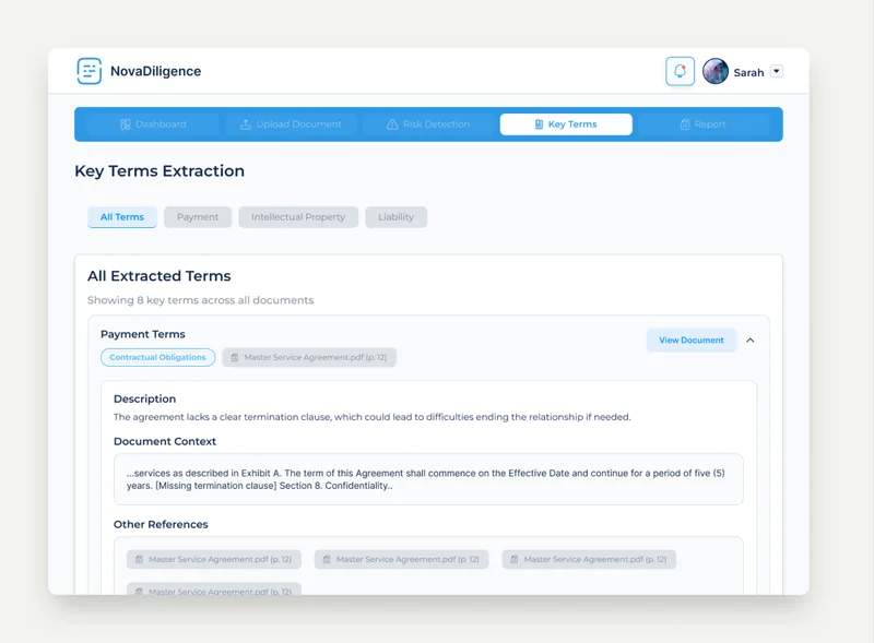Nova Diligence, LegalTech · AI Due Diligence, product screenshot