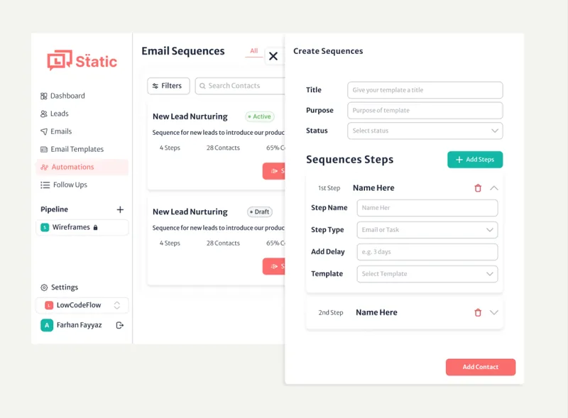 Static, Lead-nurturing CRM · SaaS, product screenshot